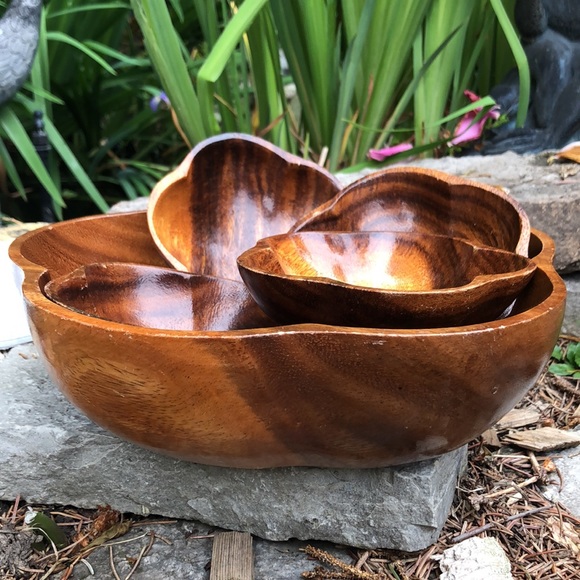 Monkey Pod Wooden Bowl Set-Large Bowl with 4 Smaller Bowls-GUC-Vintage - Picture 6 of 16